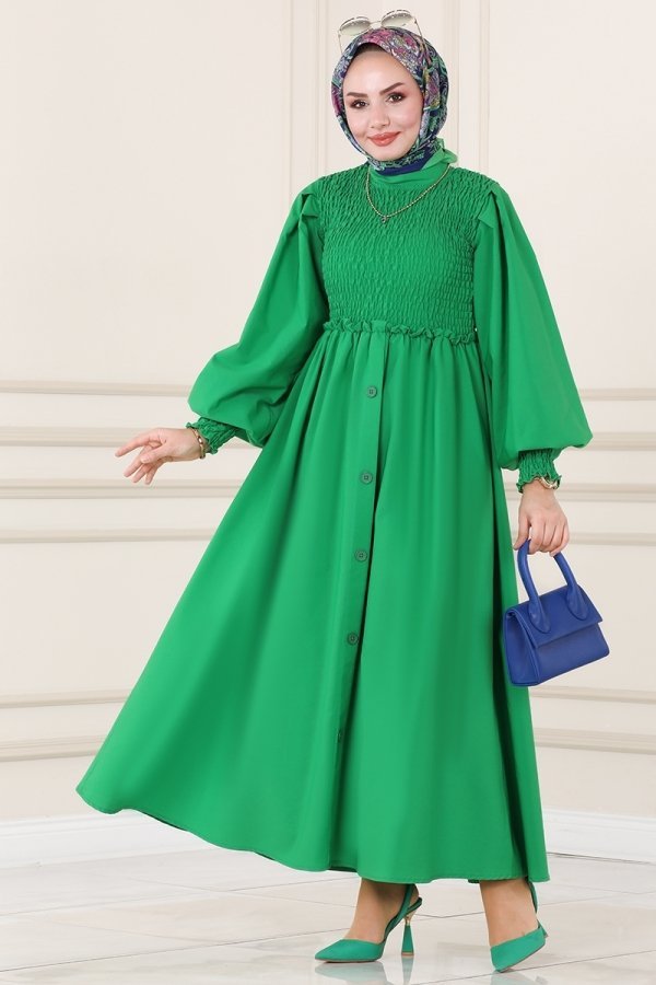 Moda Selvim Benetton Yeşili Gipe Detaylı Terikoton Elbise