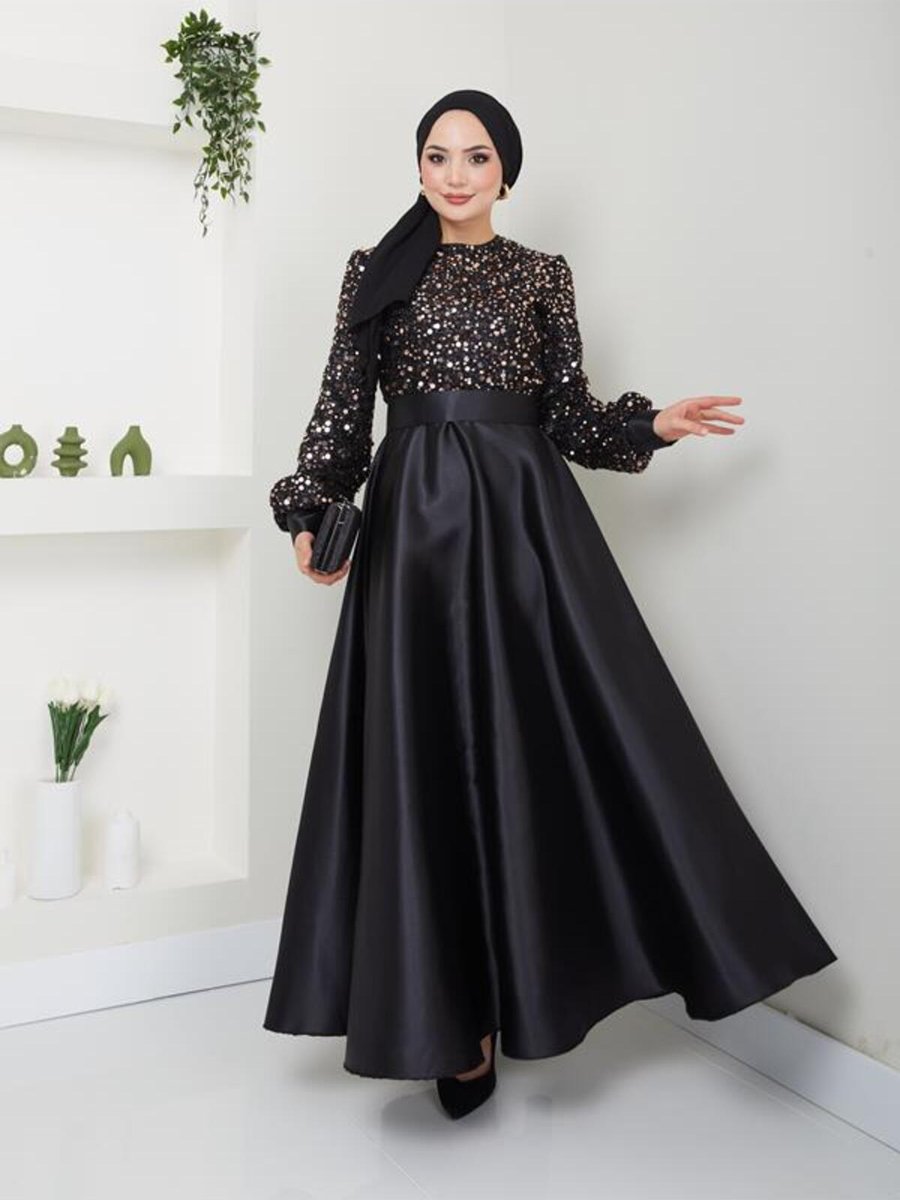 Ayşe Melek Tasarım Pul Detaylı Saten Abiye Elbise Siyah Bakır