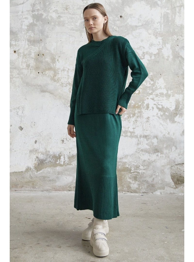 InStyle Zümrüt Yeşili Bağlamalı Süveterli Triko Elbise