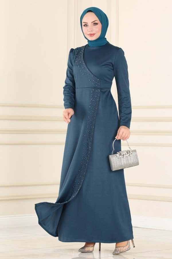 Moda Selvim Petrol İnci İşlemeli Elbise