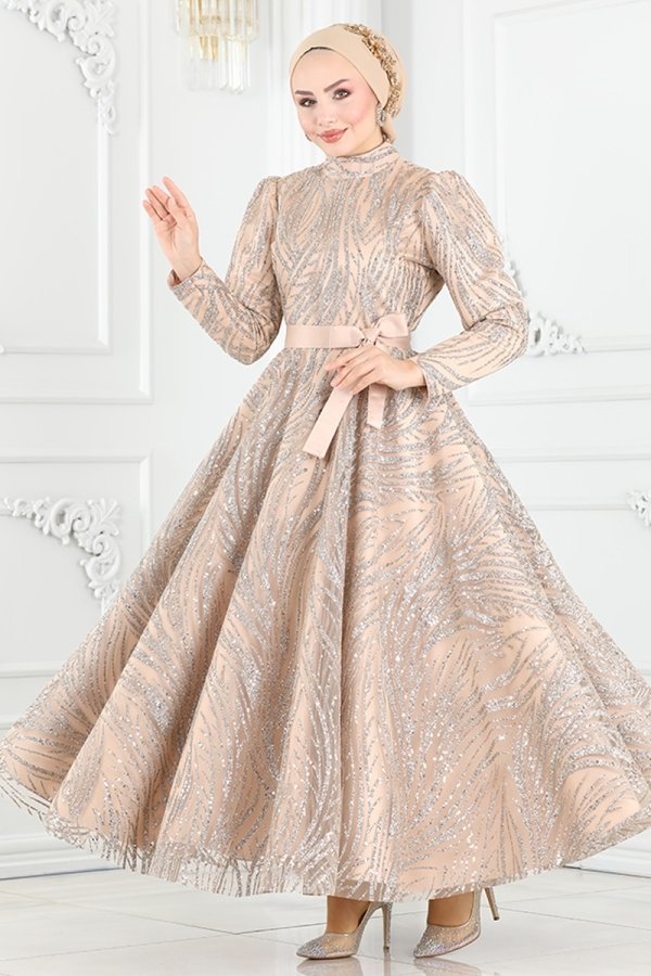 Moda Selvim Vizyon Işıltılı Simli Tül Abiye Elbise