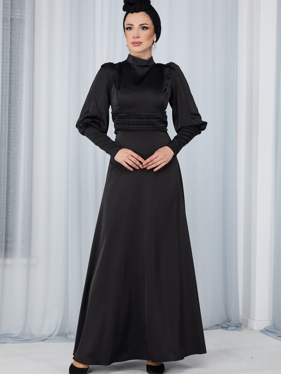 Tofisa Sıyah Prenses Kol A Kesim Saten Abiye Elbise