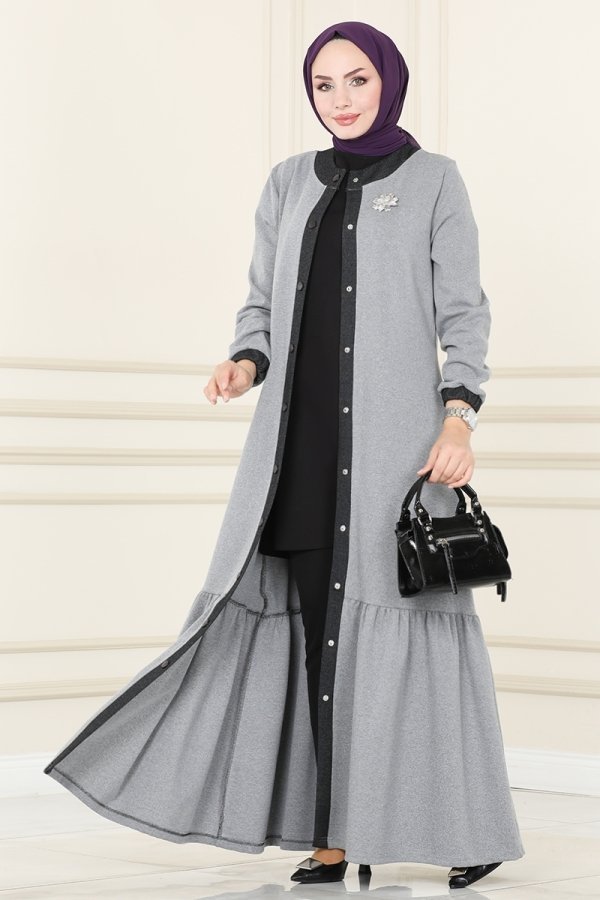 Moda Selvim Açık Gri Eteği Fırfırlı Kışlık Elbise & Ferace
