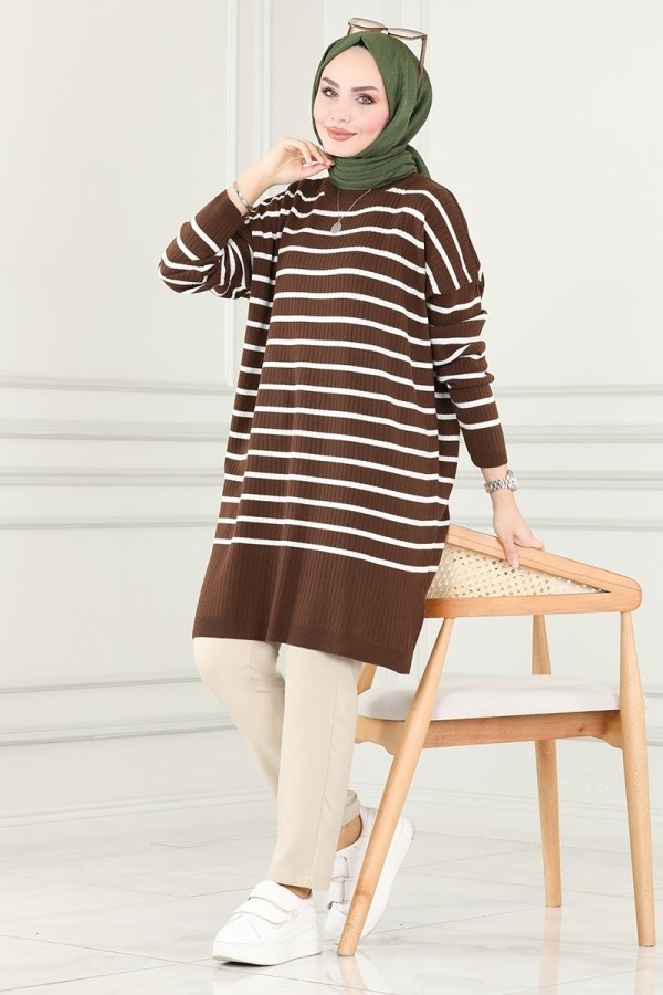 Moda Selvim Kahve Çizgili Triko Tunik Moda Selvim Kahve Çizgili Triko Tunik