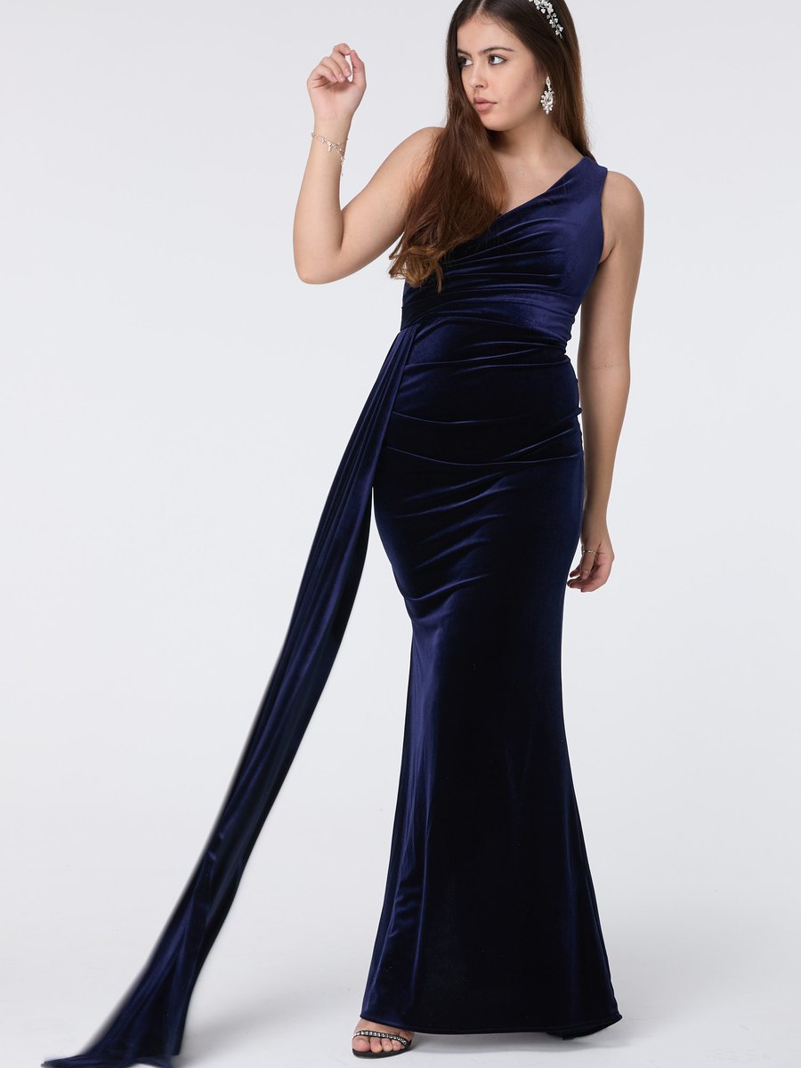 Tofisa Lacıvert Omuz Askı Detaylı Parçalı Uzun Kadife Elbise