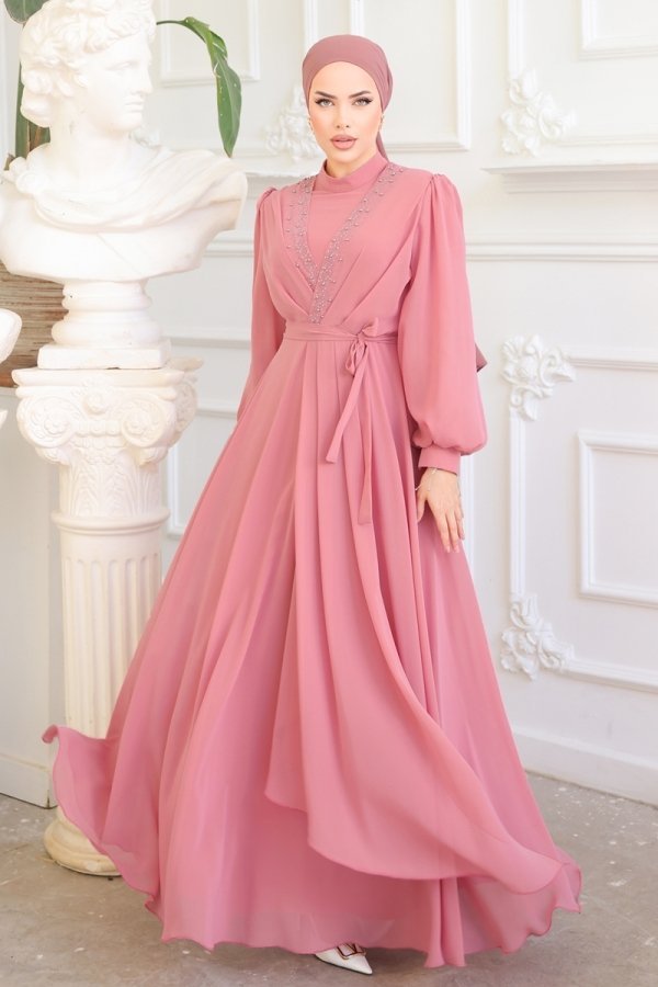 Moda Selvim Gül Kurusu Taş İşlemeli Şifon Abiye Elbise