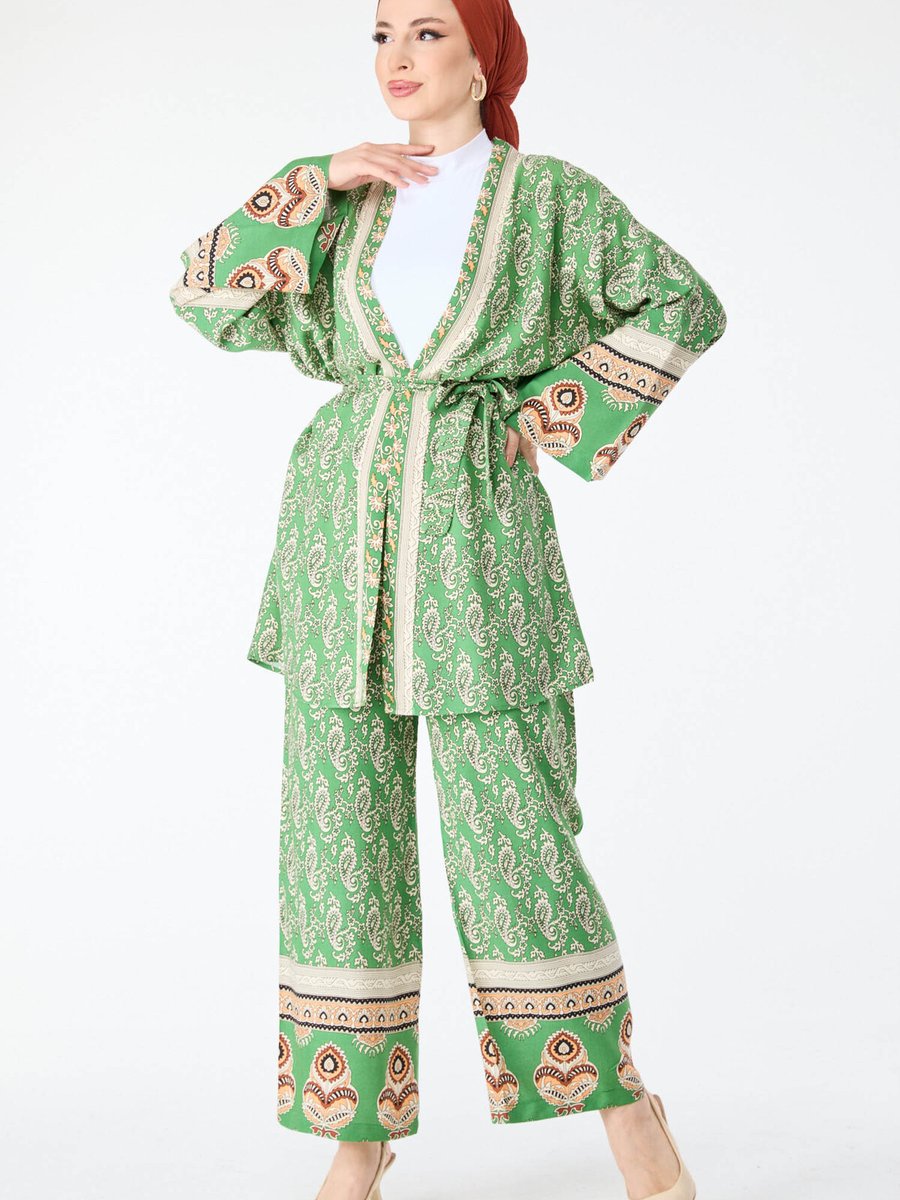 Tofisa Yesıl Şal Desenli Kimono Ve Pantolon İkili Takım