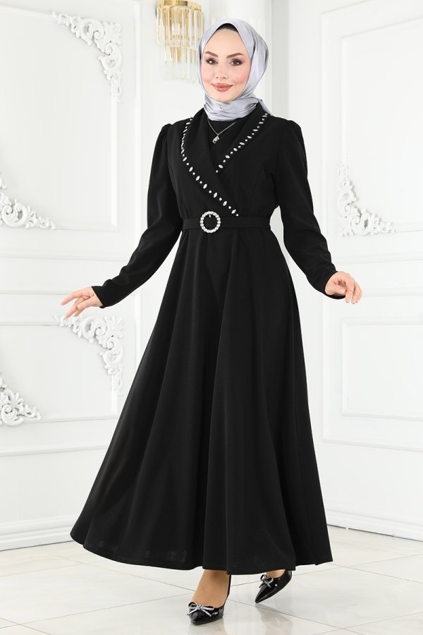 Moda Selvim Siyah Kruvaze Yaka Elbise