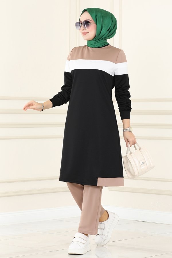 Moda Selvim Koyu Vizyon & Siyah Renk Şeritli İkili Takım