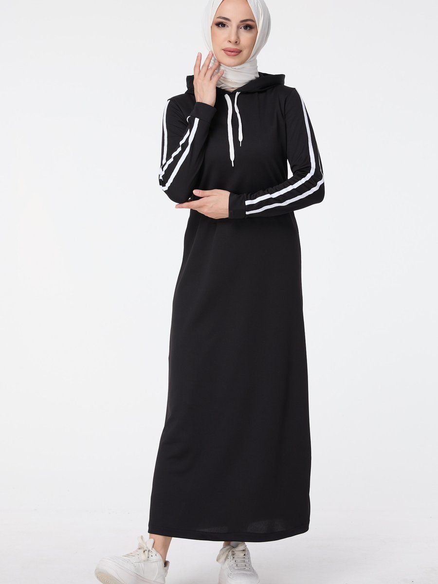 Tofisa Sıyah Kolları Çizgili Kapüşonlu Spor Elbise