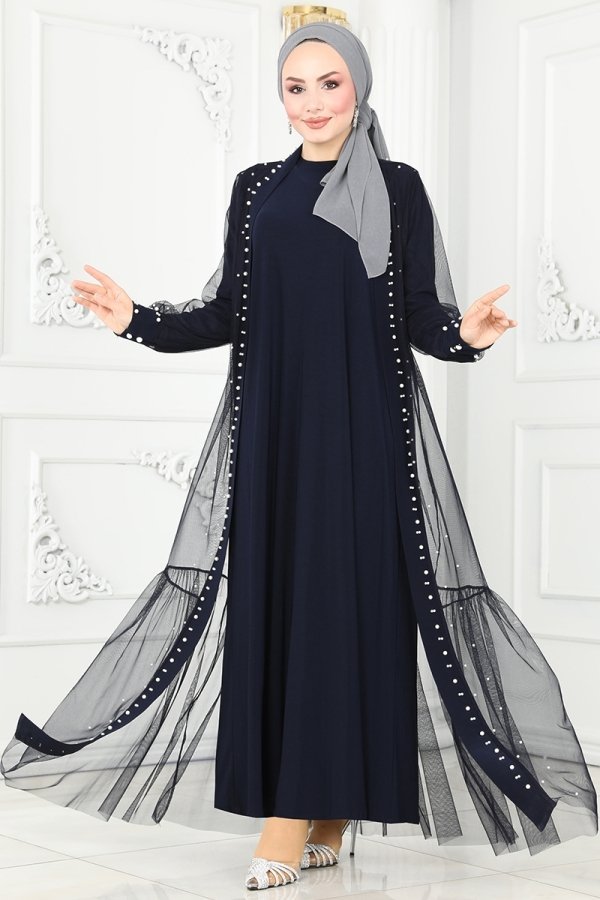 Moda Selvim Lacivert İnci Detay İkili Abiye Elbise Takım