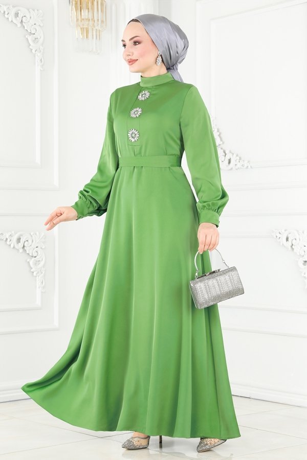 Moda Selvim Yeşil Taş İşlemeli Saten Abiye Elbise