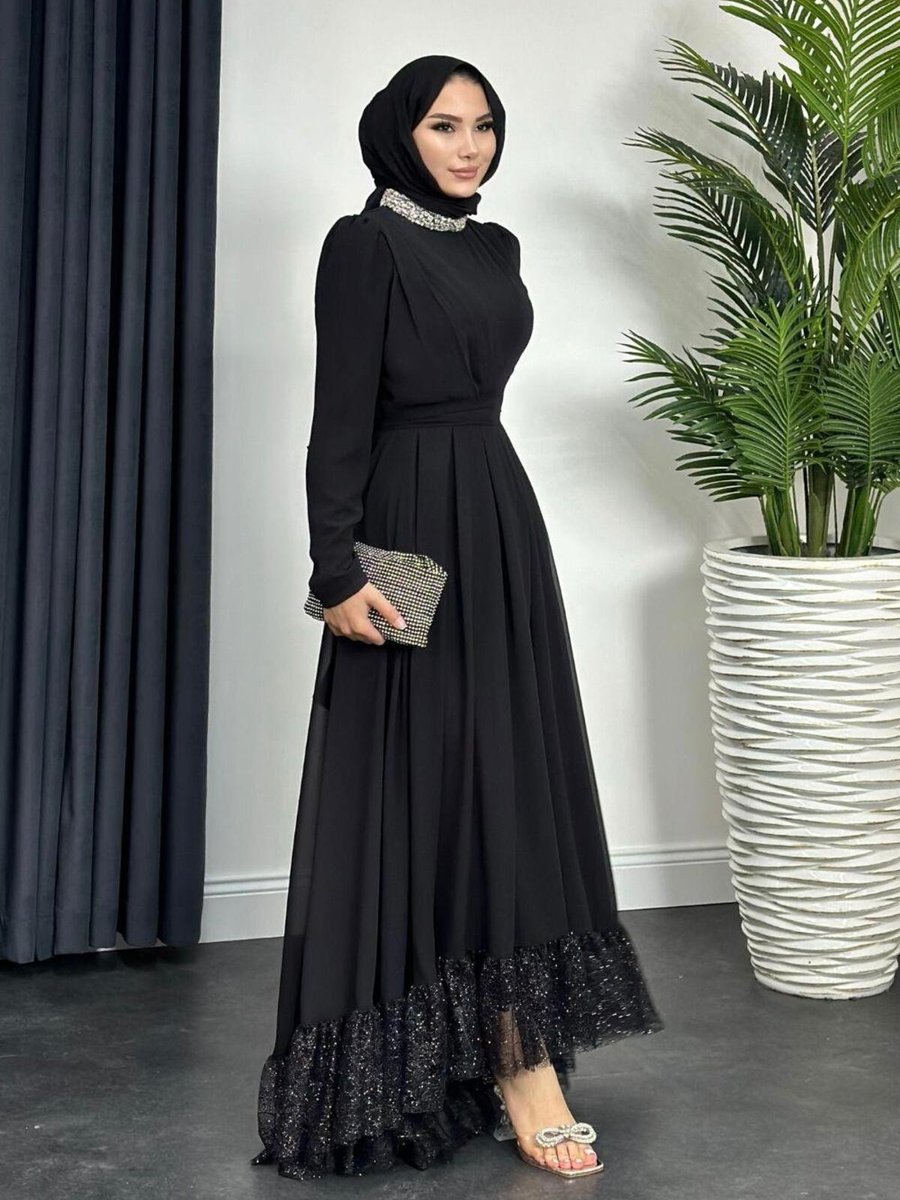 Şule Giyim Yaka Taşlı Altı Dantelli Abiye Elbise Siyah