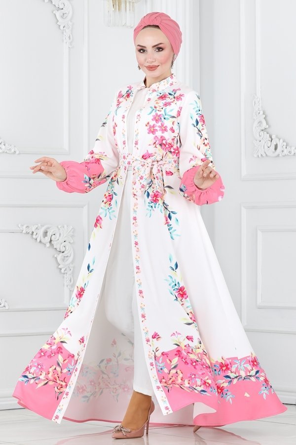 Moda Selvim Pembe & Ekru Çiçek Desenli Elbise