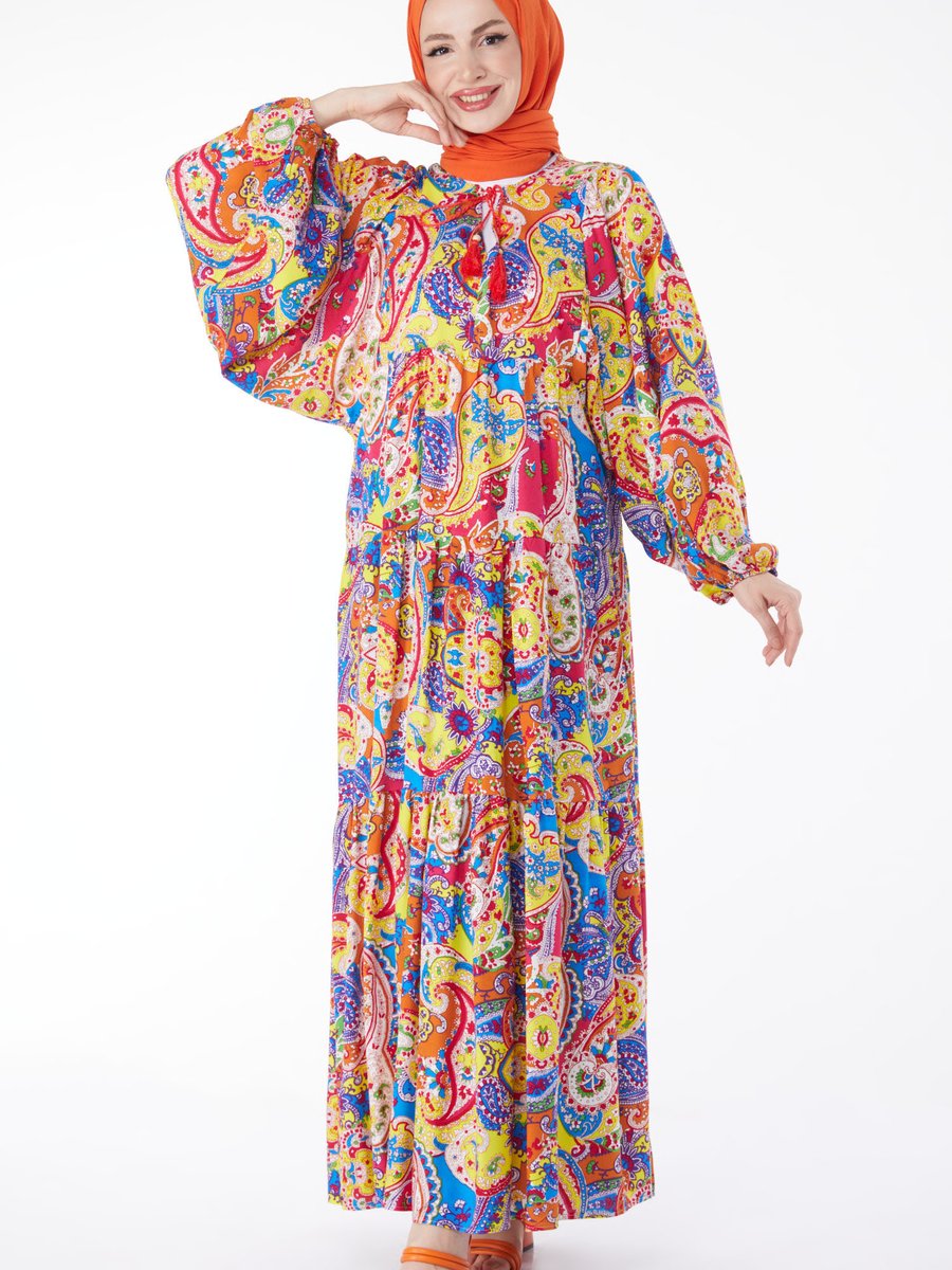 Tofisa Düz Orta Sari Desenli Yarasa Kol Elbise