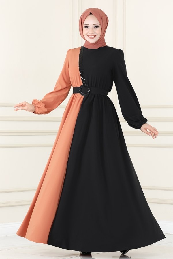 Moda Selvim Somon & Siyah Çift Renkli Krep Elbise