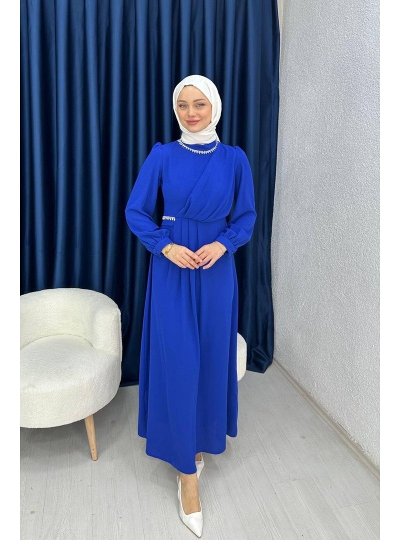 Lurex Moda Mavi Pileli Uzun Abiye Elbise