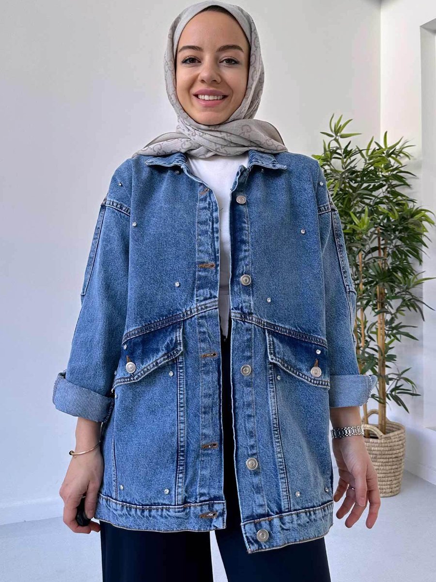 Ka Hijab Çift Cep Taşlı Kot Ceket Mavi