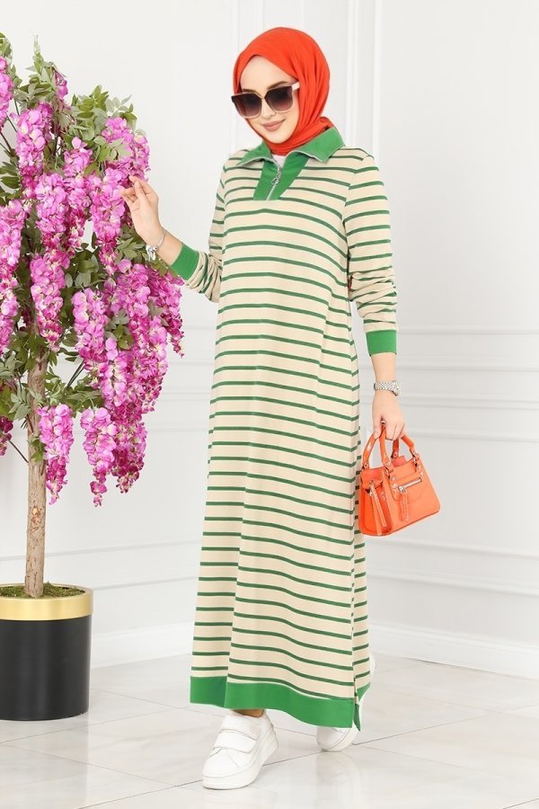 Moda Selvim Benetton Yeşili Çizgili Spor Elbise