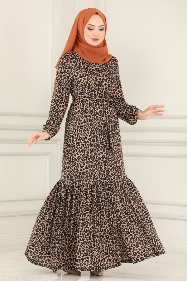 Moda Selvim Çıtır Leopar Düğme Detaylı Helen Elbise