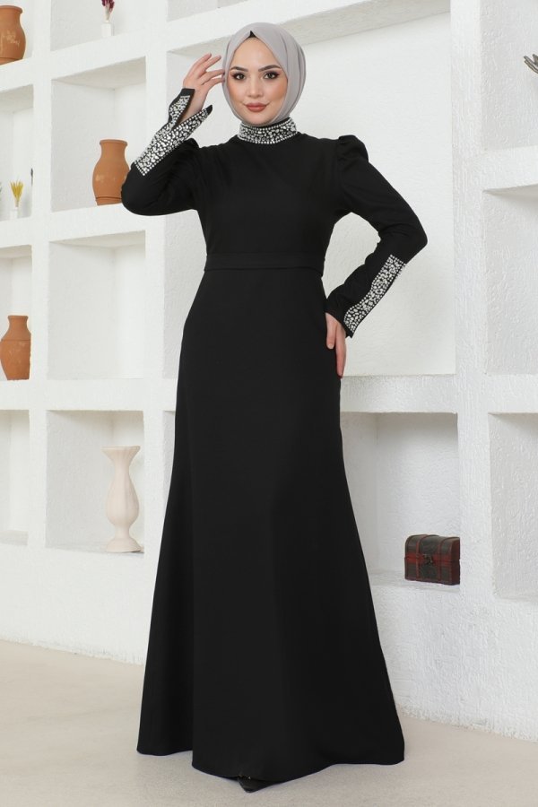 Moda Selvim Siyah Damla Taş Detaylı Krep Elbise