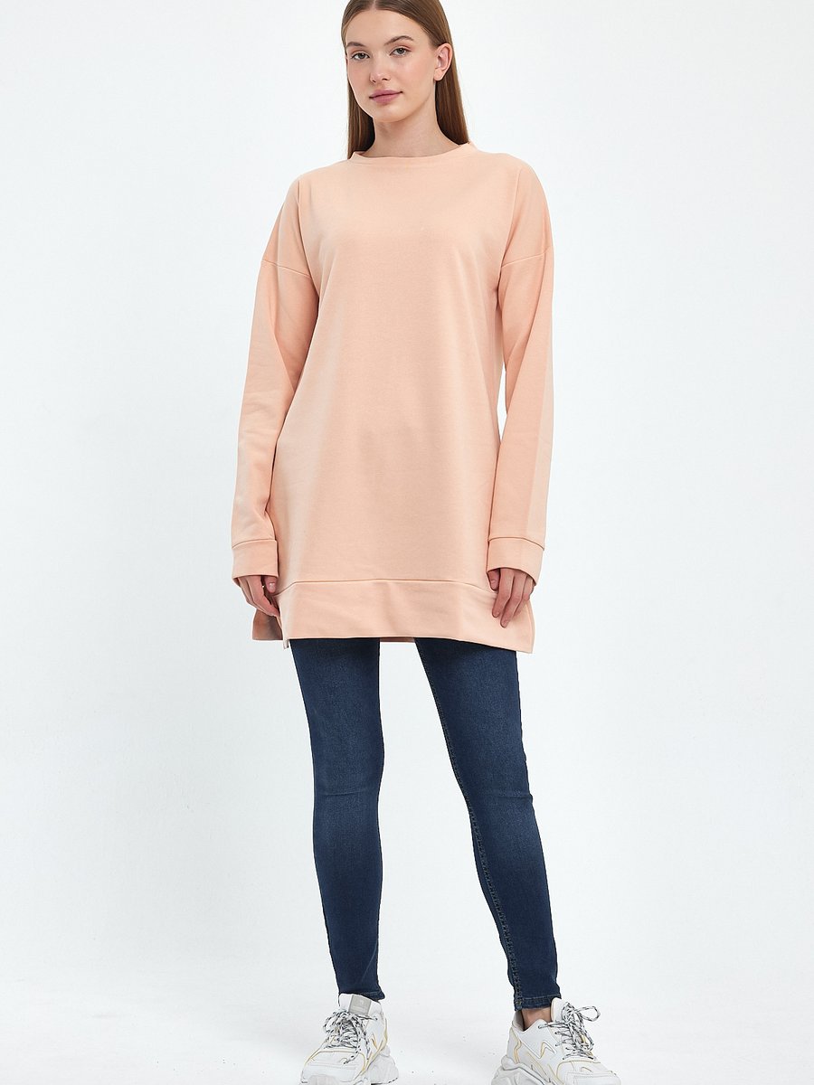 Gippe Collection Somon Bisiklet Yaka Yırtmaç Detaylı Basic Örme Sweatshirt