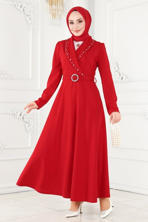 Moda Selvim Kırmızı Kruvaze Yaka Elbise
