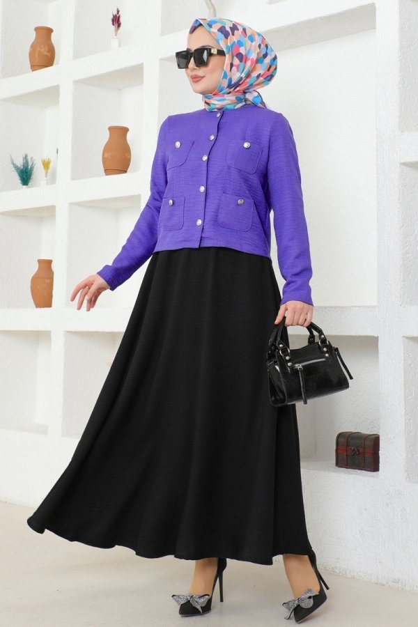Moda Selvim Mor & Siyah Cep Detaylı Etekli Takım