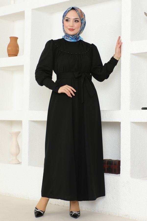 Moda Selvim Siyah İnci Detaylı Elbise