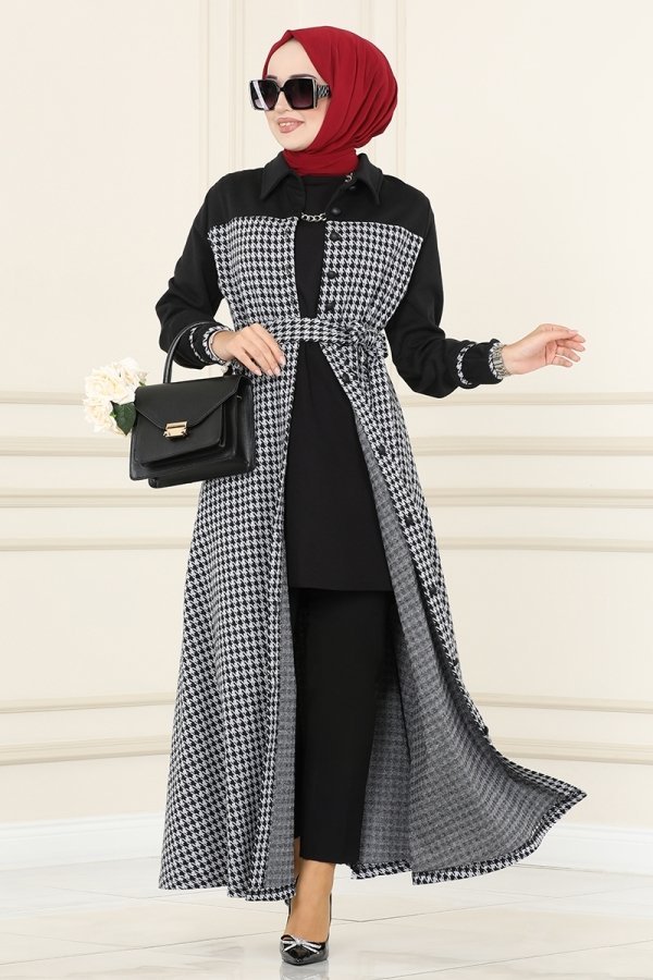 Moda Selvim Siyah & Gri Kazayağı Desenli Kışlık Elbise & Ferace