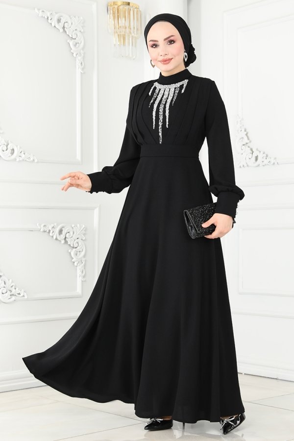 Moda Selvim Siyah Göğsü Taş İşlemeli Abiye Elbise