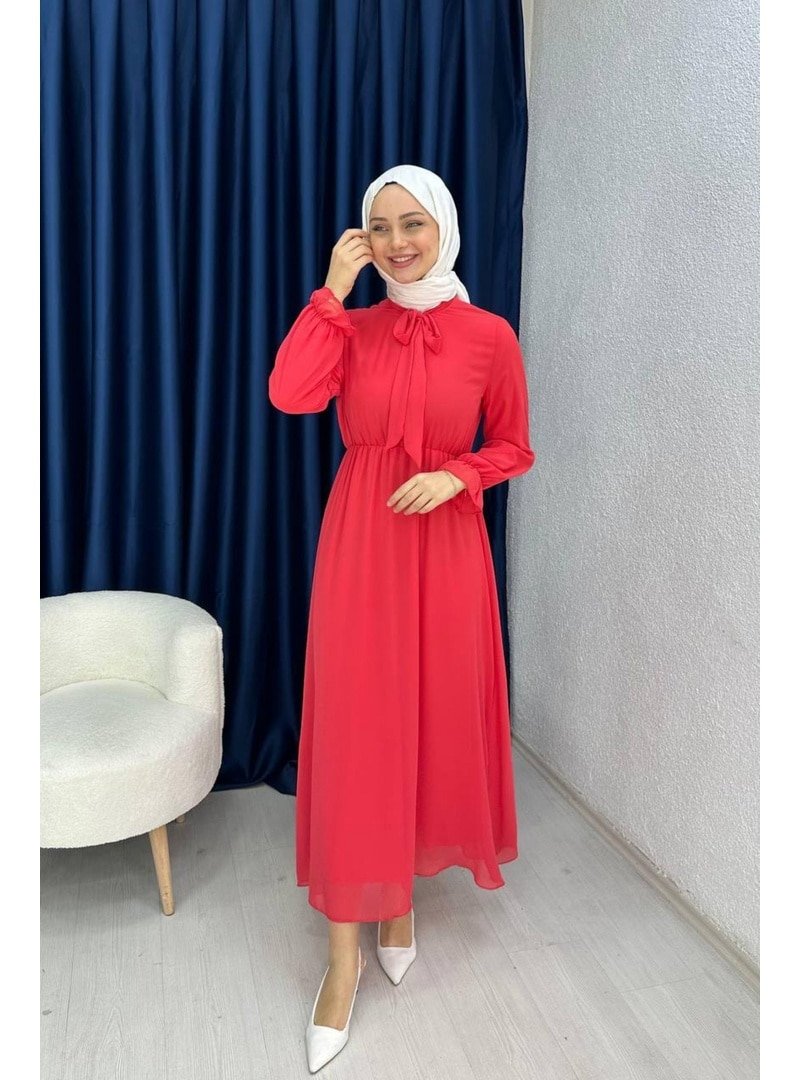 Lurex Moda Kırmızı Yakası Bağlama Detaylı Şifon Elbise