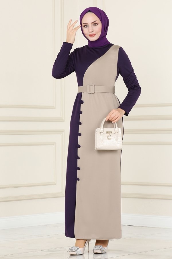 Moda Selvim Mor & Vizyon Çift Renkli Kalem Elbise