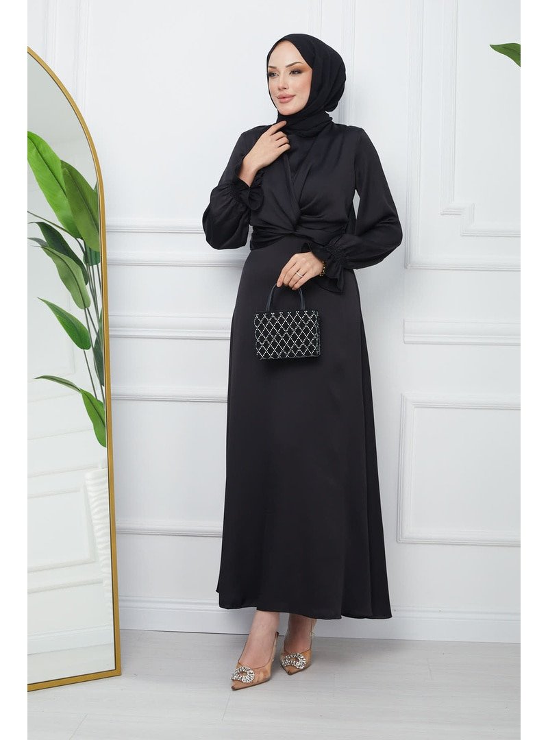 İmaj Butik Siyah Kol Gipeli Ön Detaylı Saten Abiye Elbise