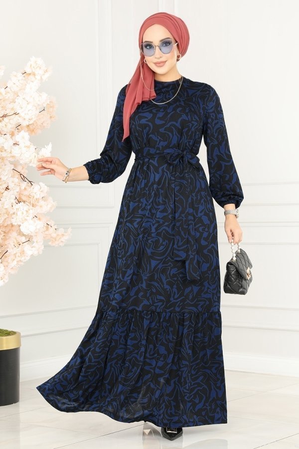 Moda Selvim Lacivert Eteği Fırfırlı Helen Elbise