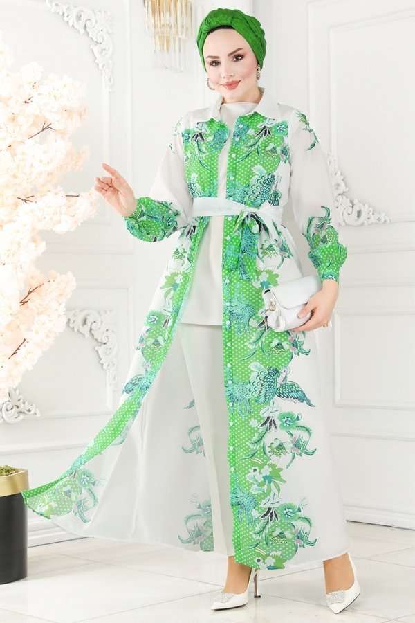 Moda Selvim Benetton Yeşili Kemerli Poplin Elbise