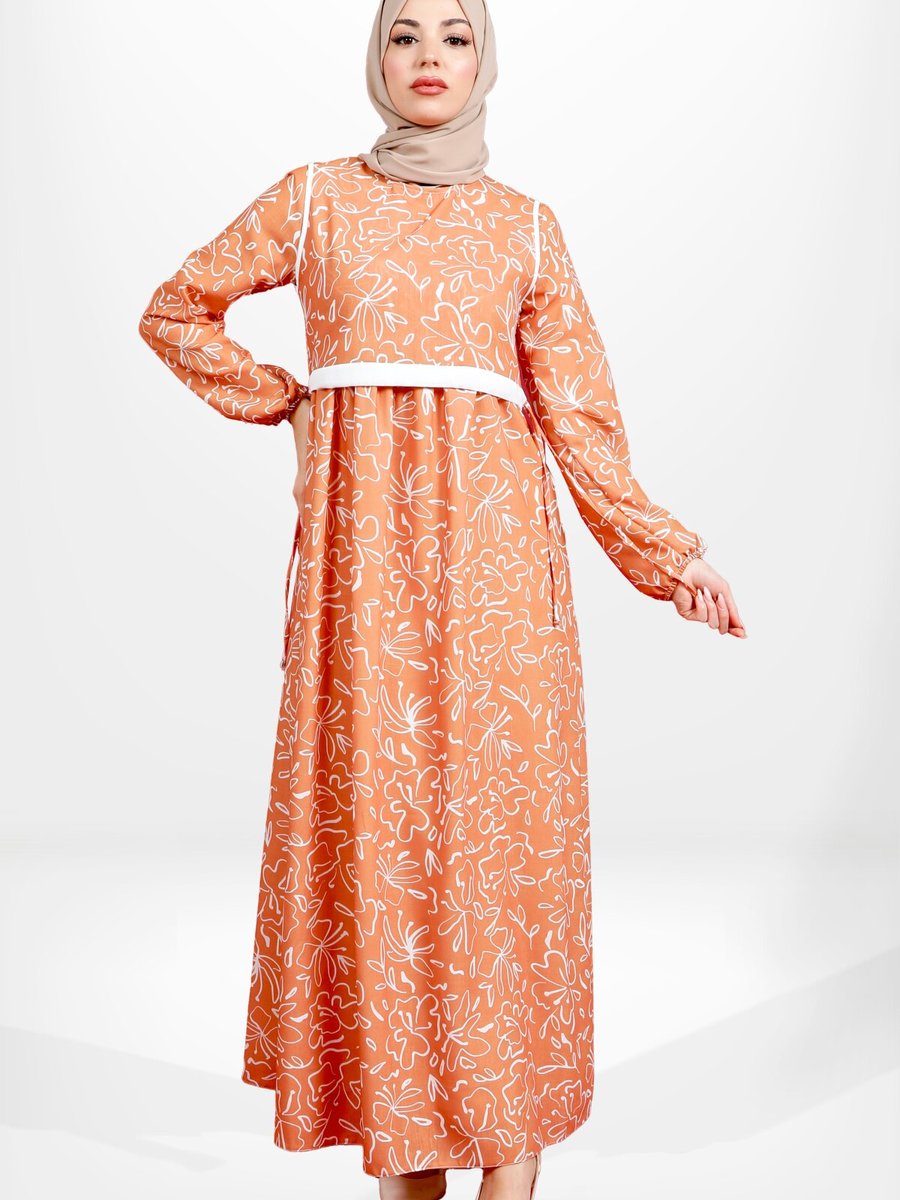 Beyza Oranj Desenli Elbise