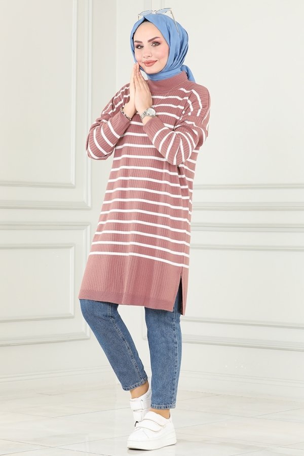Moda Selvim Gül Kurusu Çizgili Triko Tunik Moda Selvim Gül Kurusu Çizgili Triko Tunik