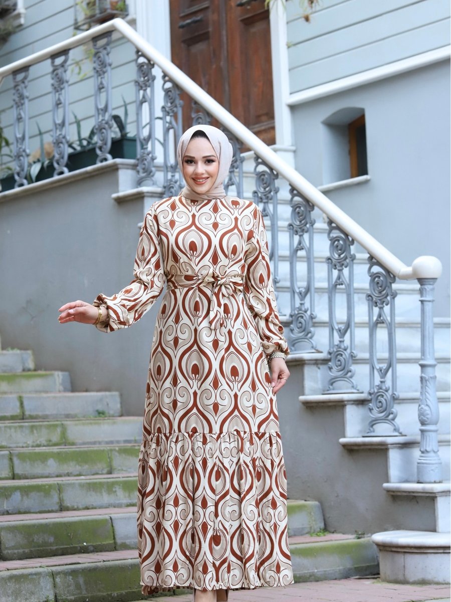 Sfg Life Moda Kadın Tesettür Bel Kuşaklı Dokuma Viskon Kumaş Şık Renkli Ve Desenli Elbise
