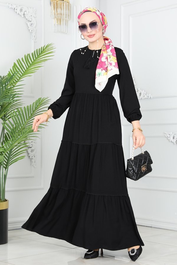 Moda Selvim Siyah Yakası Bağlamalı Viskon Elbise