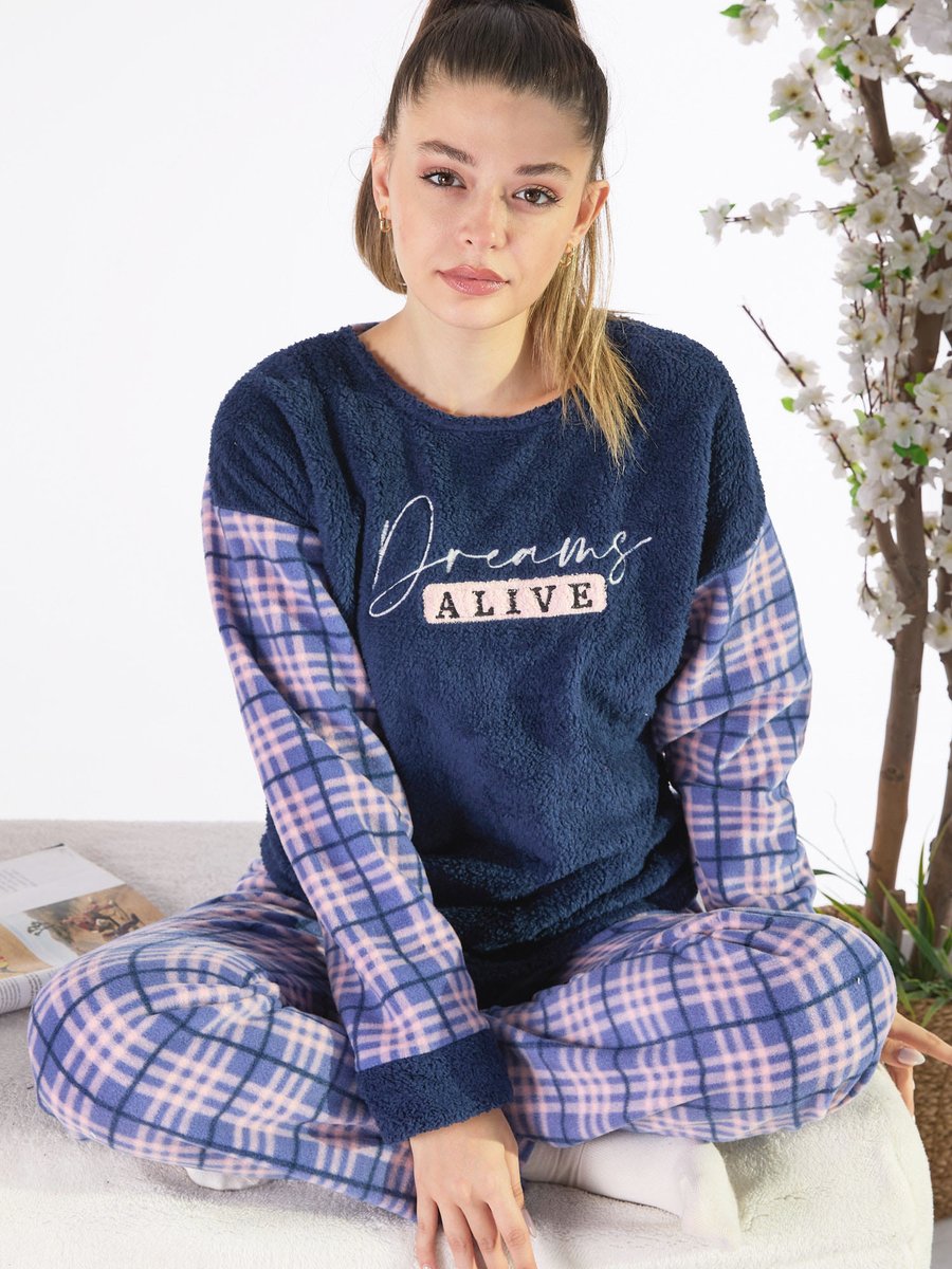Tofisa Lacıvert Peluş Pijama Takımı