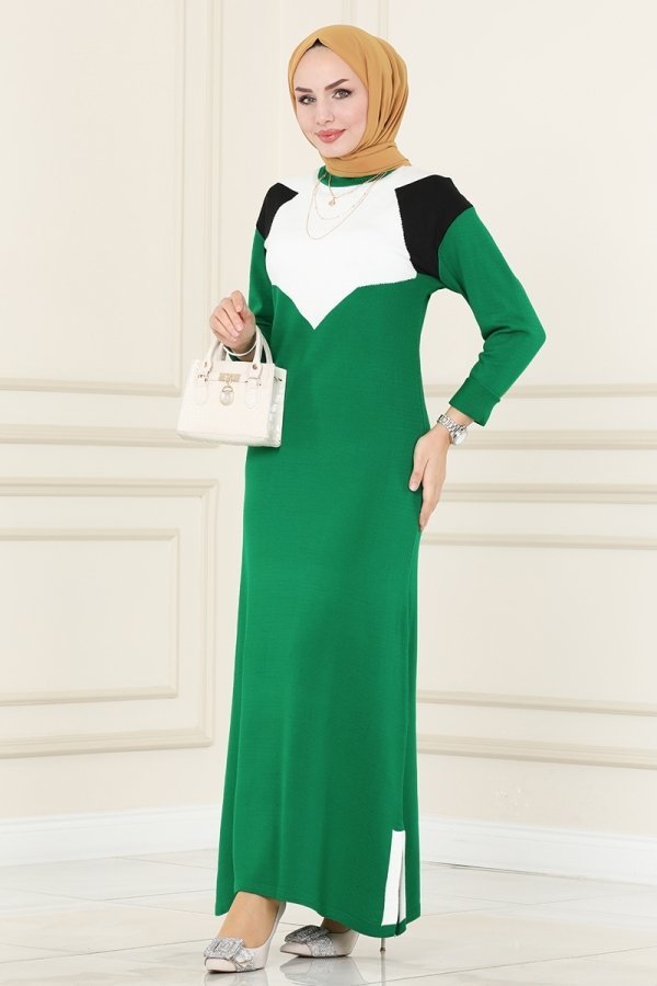Moda Selvim Benetton Yeşili Renkli Garnili Triko Elbise