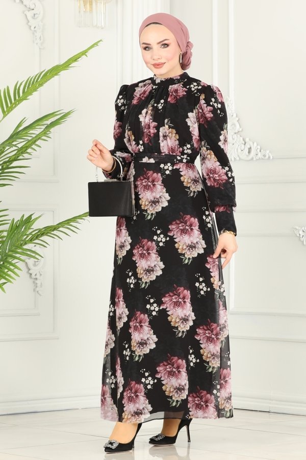 Moda Selvim Siyah Çiçek Desenli Şifon Elbise