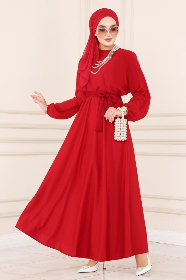 Moda Selvim Kırmızı Beli Lastikli Scuba Elbise