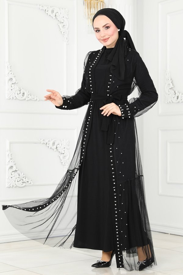 Moda Selvim Siyah İnci Detay İkili Abiye Elbise Takım