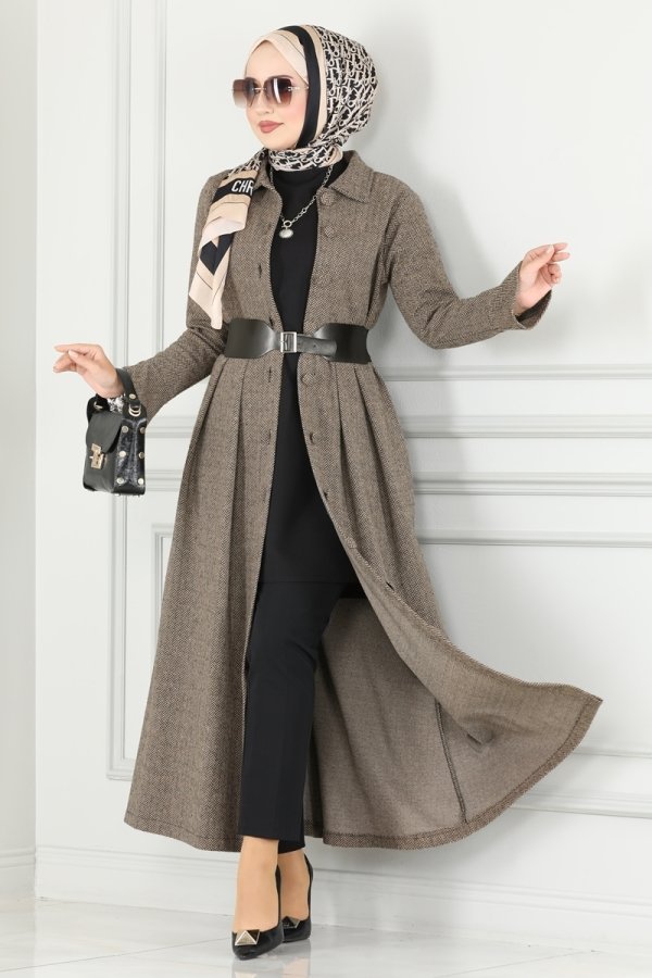 Moda Selvim Vizyon Deri Kemerli Balıksırtı Ferace & Elbise