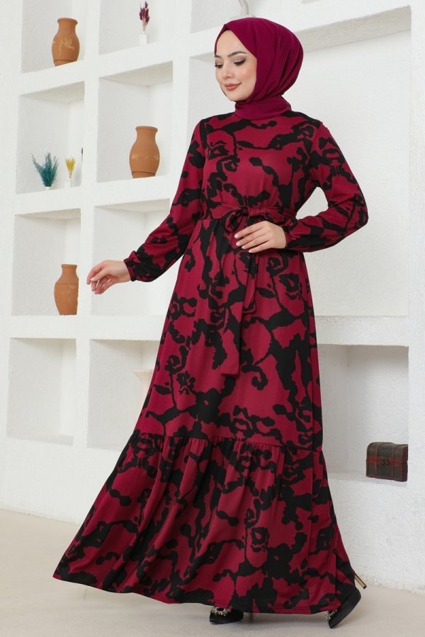 Moda Selvim Bordo Desenli Kemerli Helen Elbise