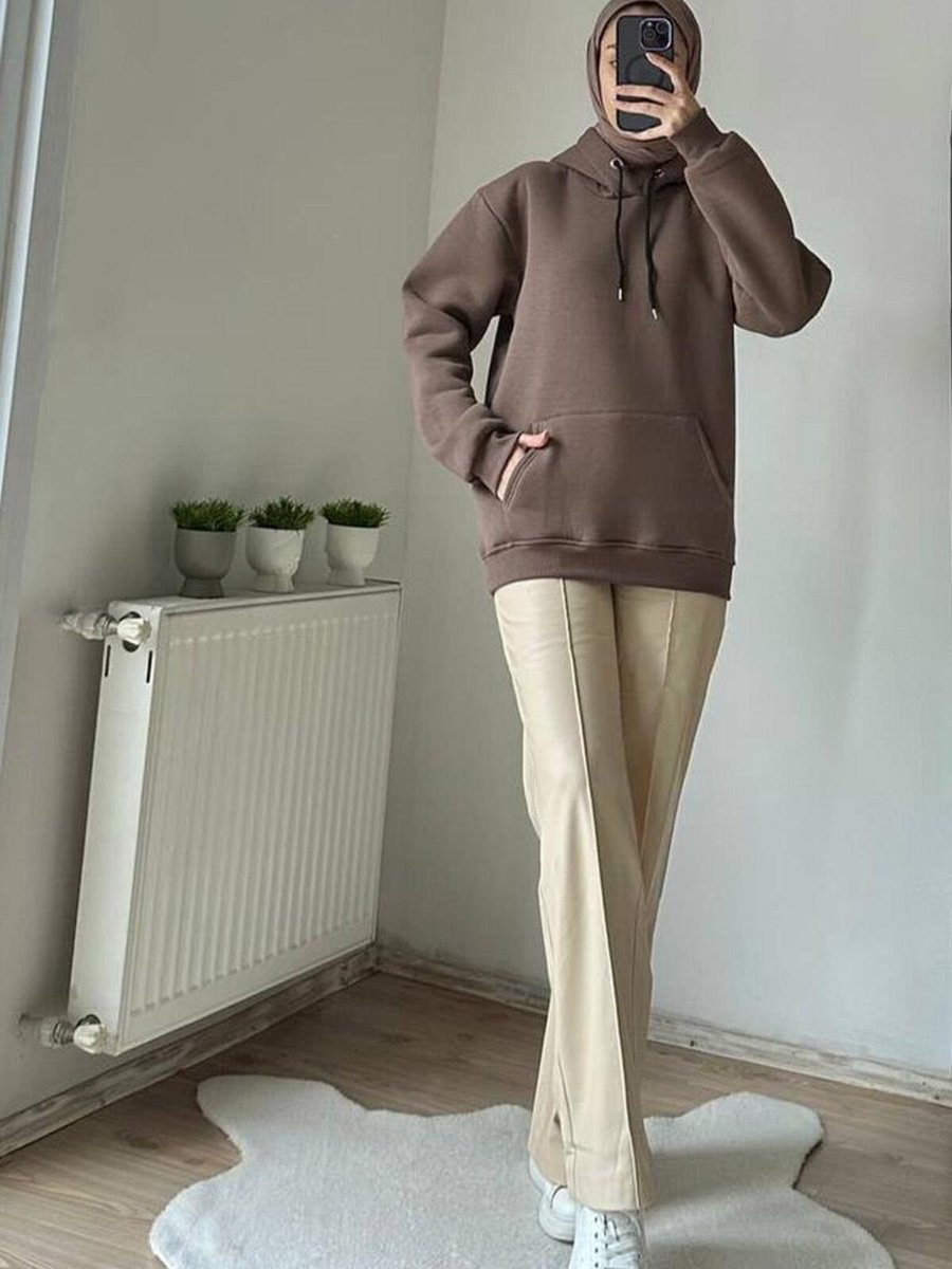 Burcu Tesettür Kapüşonlu 'iplik Sweatshirt Kahve