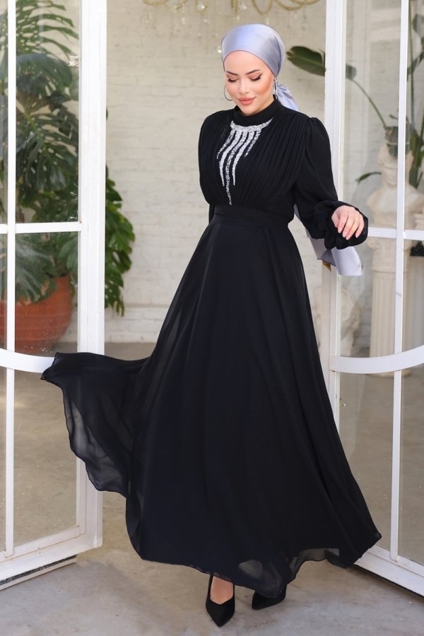 Moda Selvim Siyah Neva Şifon Abiye Elbise