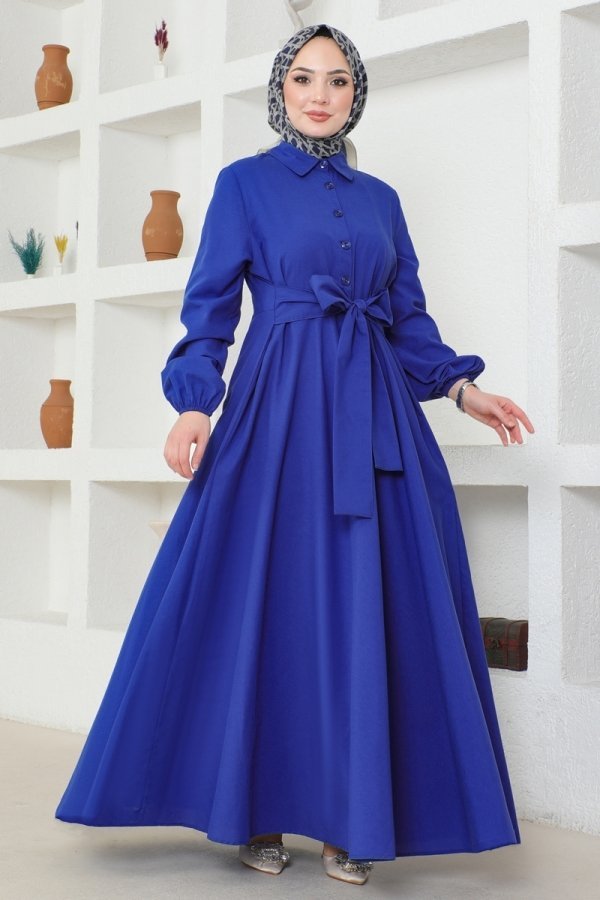 Moda Selvim Saks Kuşaklı Terikoton Elbise